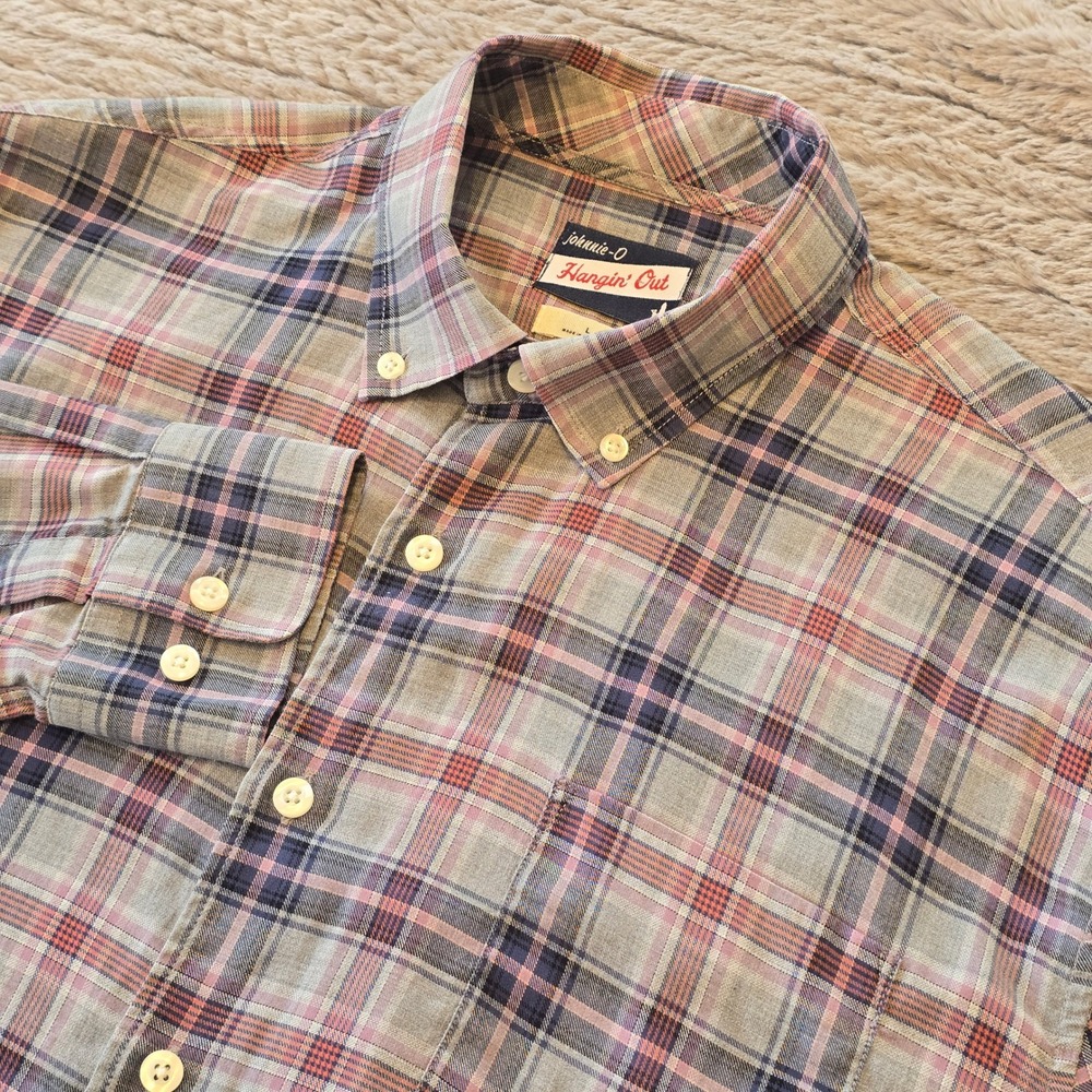 Johnnie-O Hangin Out Mens Large Gray Plaid Button Down Cotton‎ Shirt JMWL5700